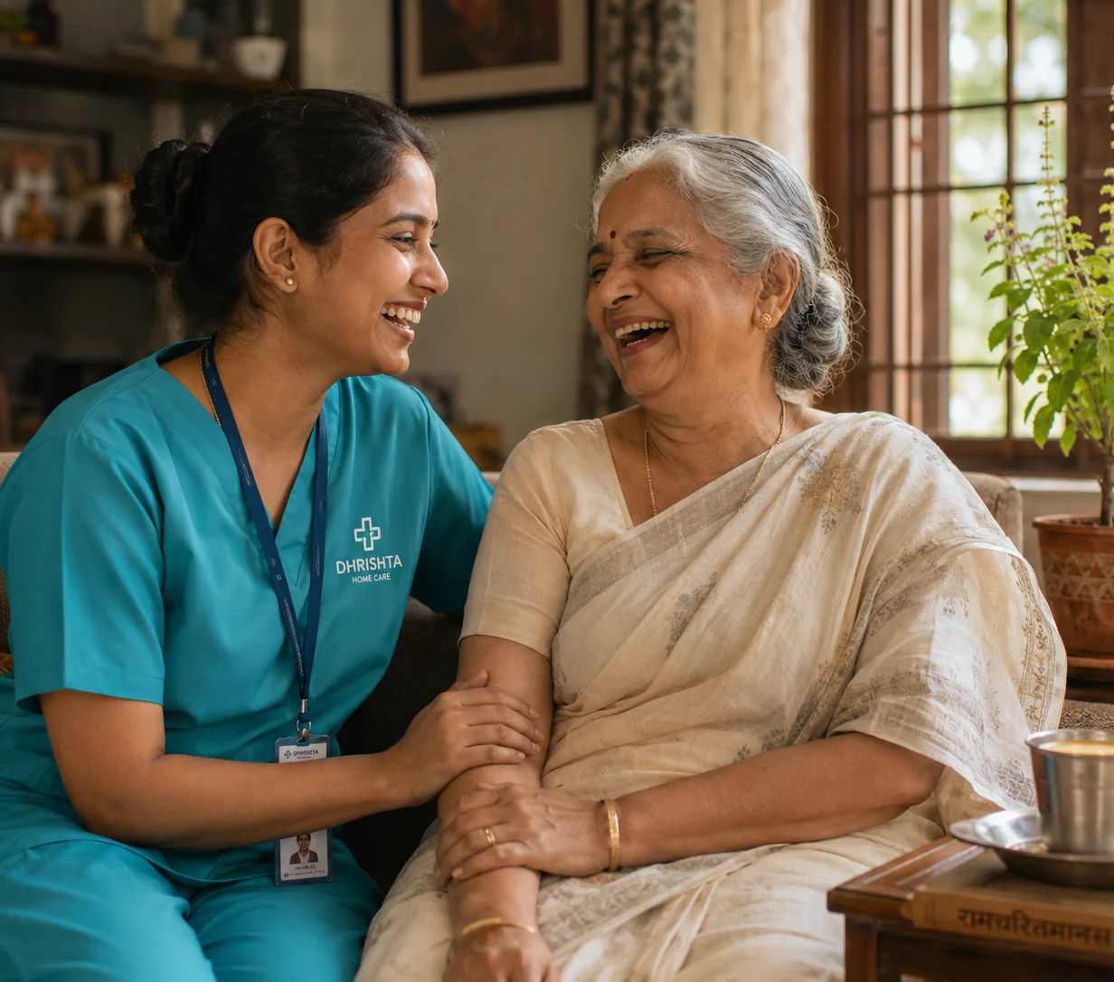 A Dhrishta caregiver sharing a warm moment with an elderly woman at home